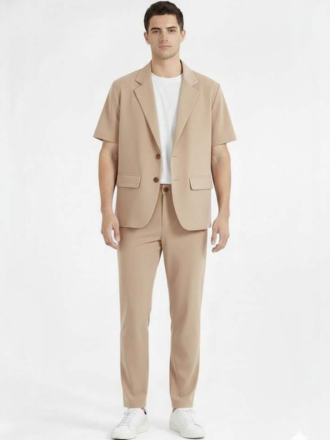 Solid Blazer with Trousers in Beige Style 789 - Nowi Korean Fashion