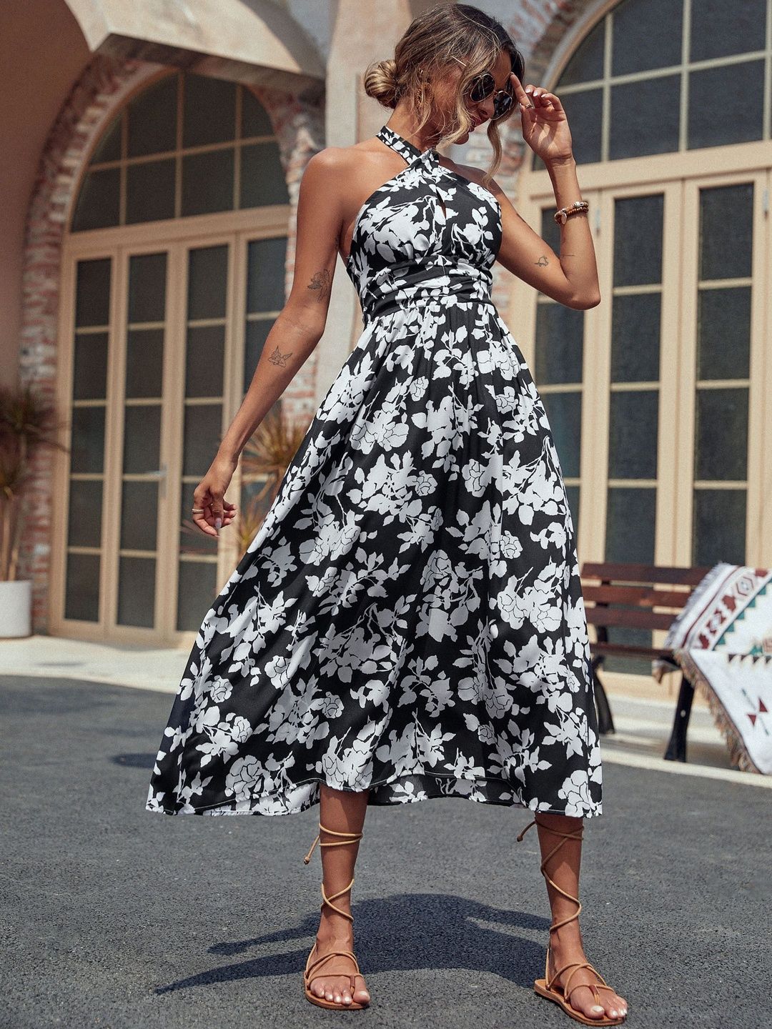 Floral Print Halter Neck Fit & Flare Midi Dress