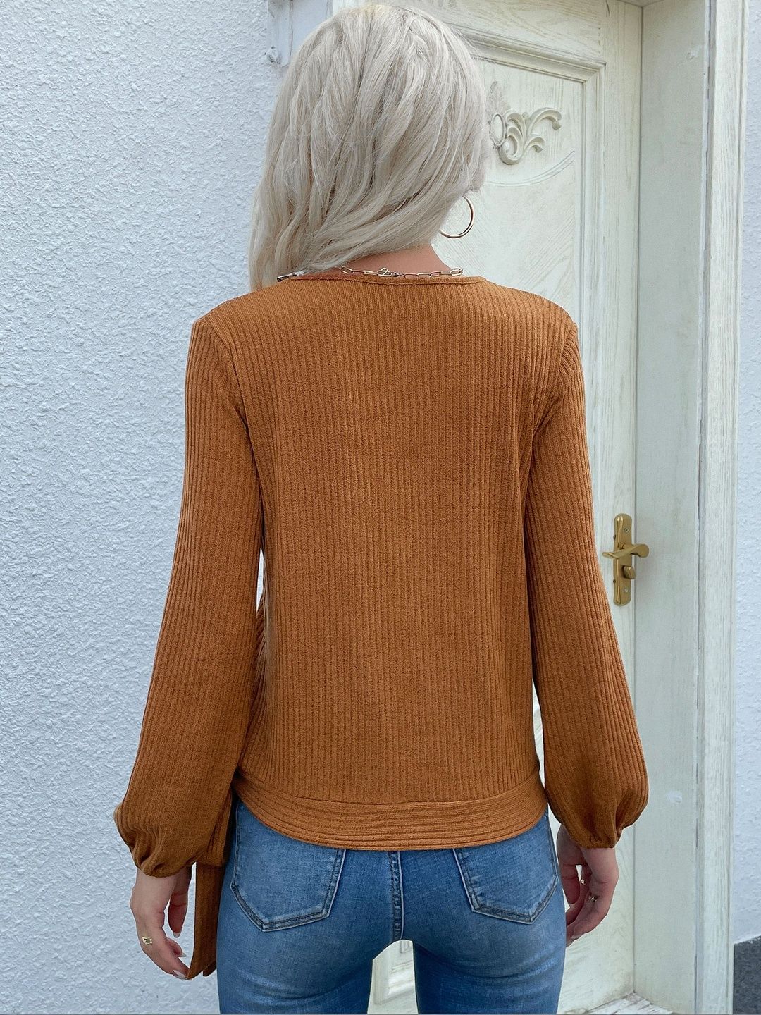Women's Brown Ribbed Pullover Blend Printed Regular Fit