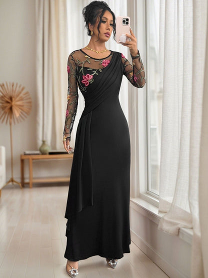 Floral Embroidered Sheath Maxi Dress in Black - Nowi Korean Fashion