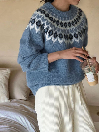Women's Blue Fair Isle Printed Pullover