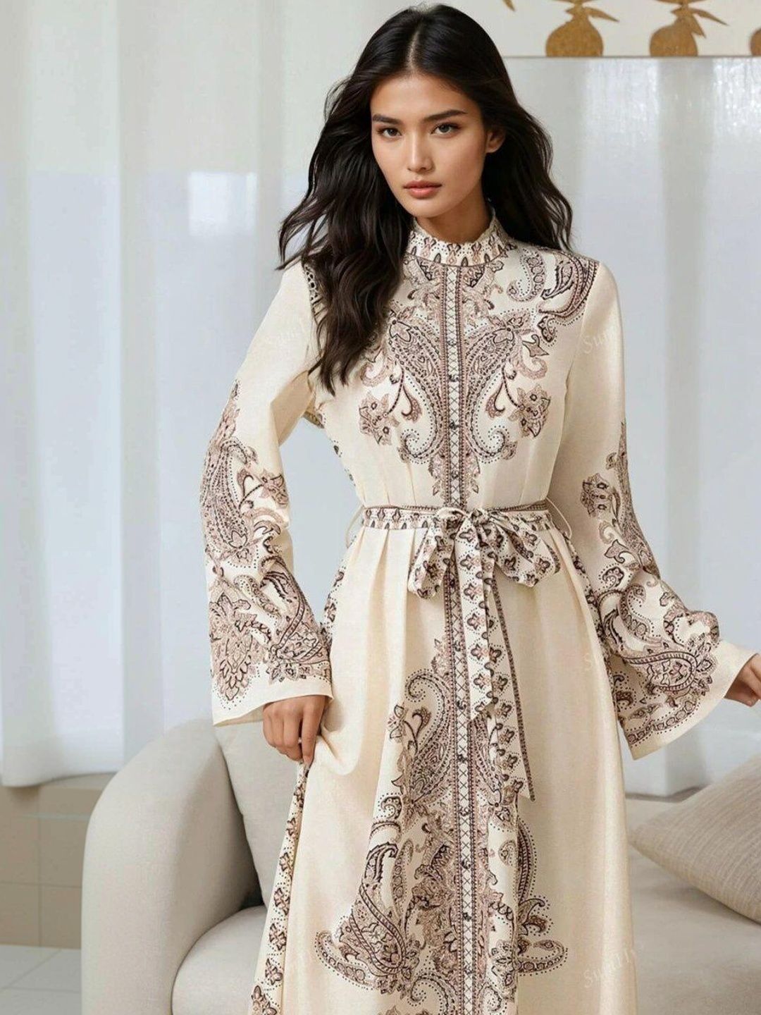 Print Flared Sleeve Sheath Maxi Dress