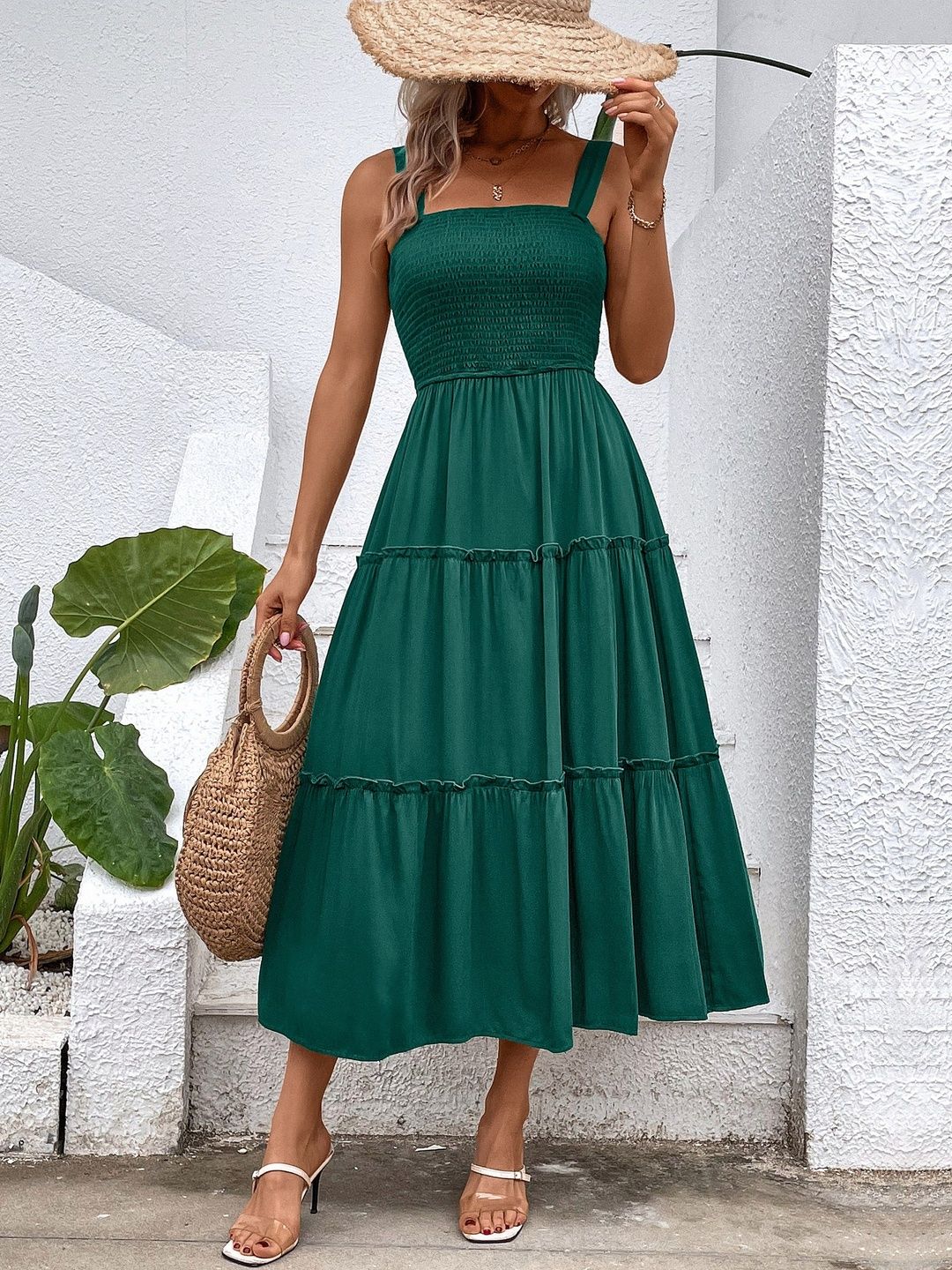 A-Line Midi Dress in Green cotton Sleeveless - Nowi Korean Fashion