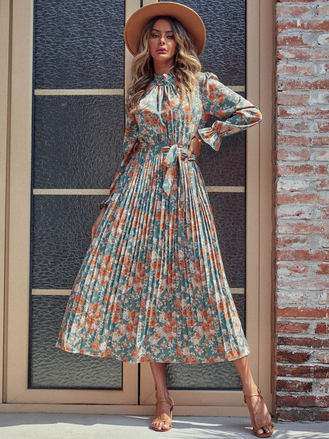 Floral Print Maxi Midi Dress in Blue - Nowi Korean Fashion