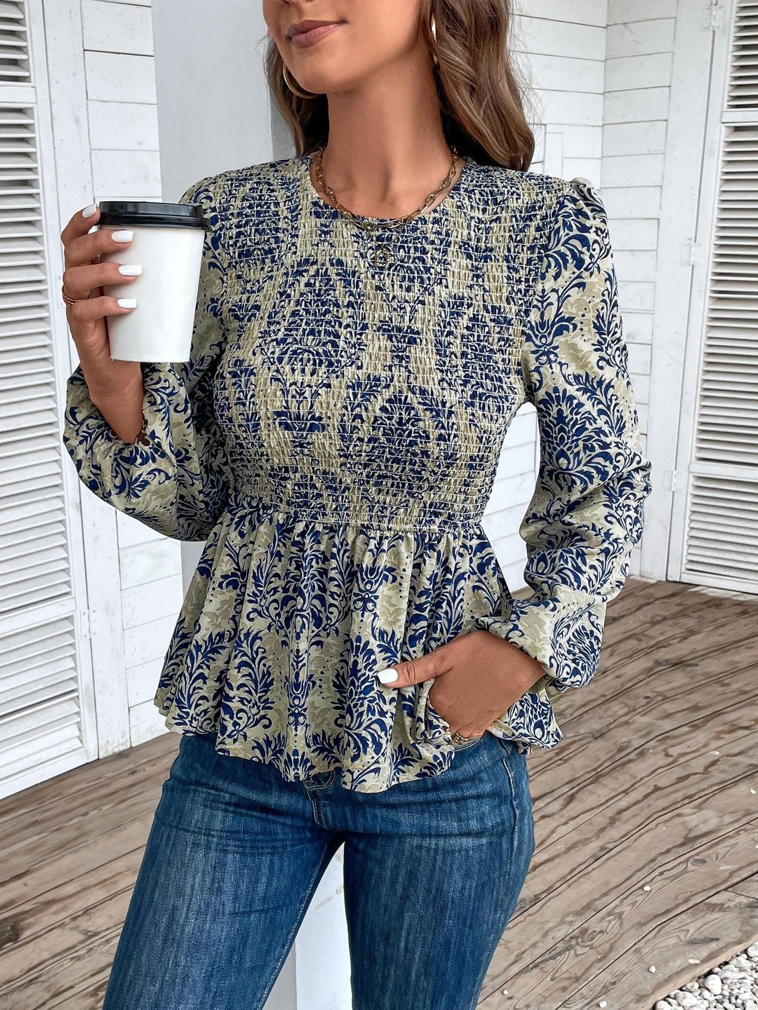 Women's Blue Floral Print Cotton Top