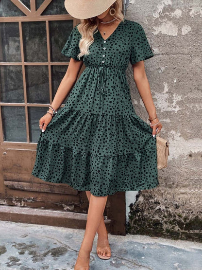 NOWI Polka Dot Printed Flared Sleeve Fit & Flare Midi Dress