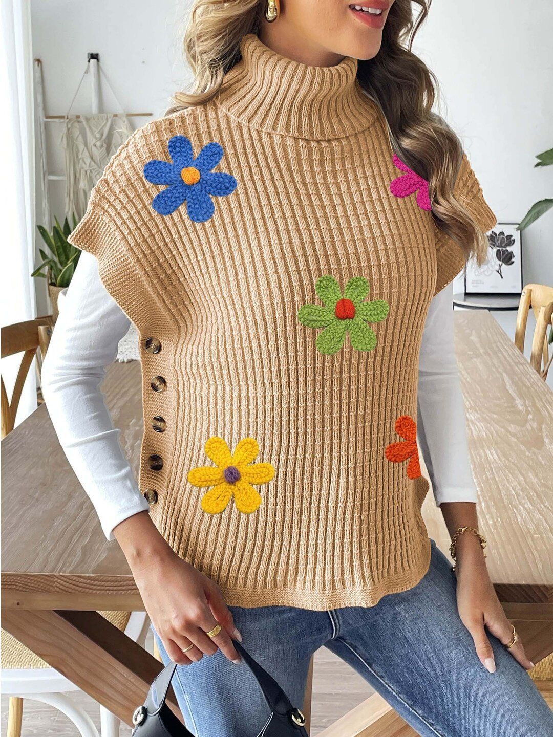 Women Colourblocked Ribbed Sweater Vest with Embroidered Detail