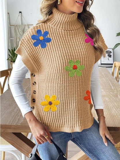 Women Colourblocked Ribbed Sweater Vest with Embroidered Detail