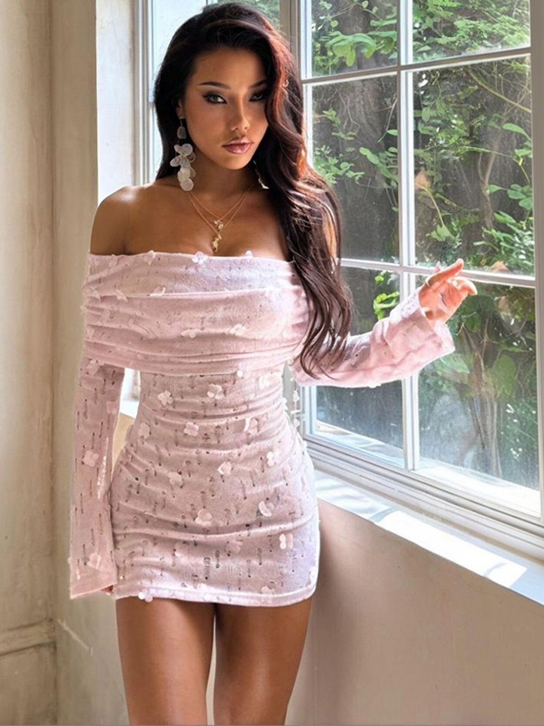 Pink Floral Embellished Off-Shoulder Mini Dress