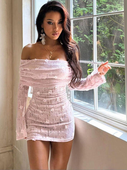 Pink Floral Embellished Off-Shoulder Mini Dress