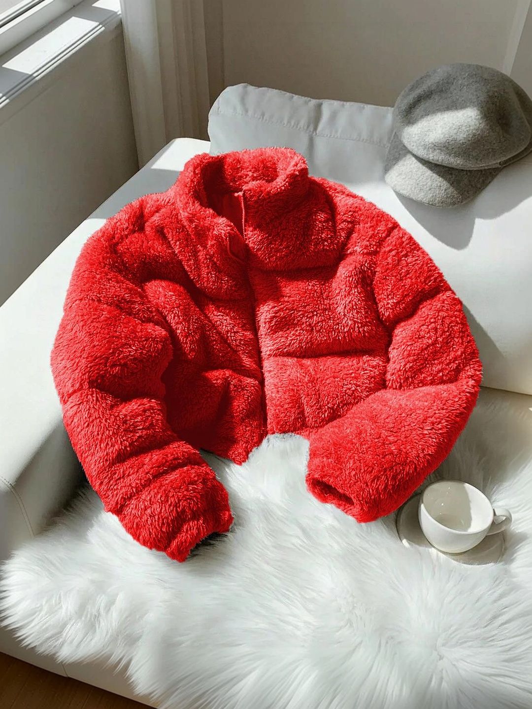 Woollen Lightweight Crop Puffer Jacket in Red - Nowi Korean Fashion