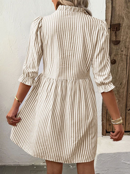 Striped Puff Sleeve Ruffled Fit & Flare Dress
