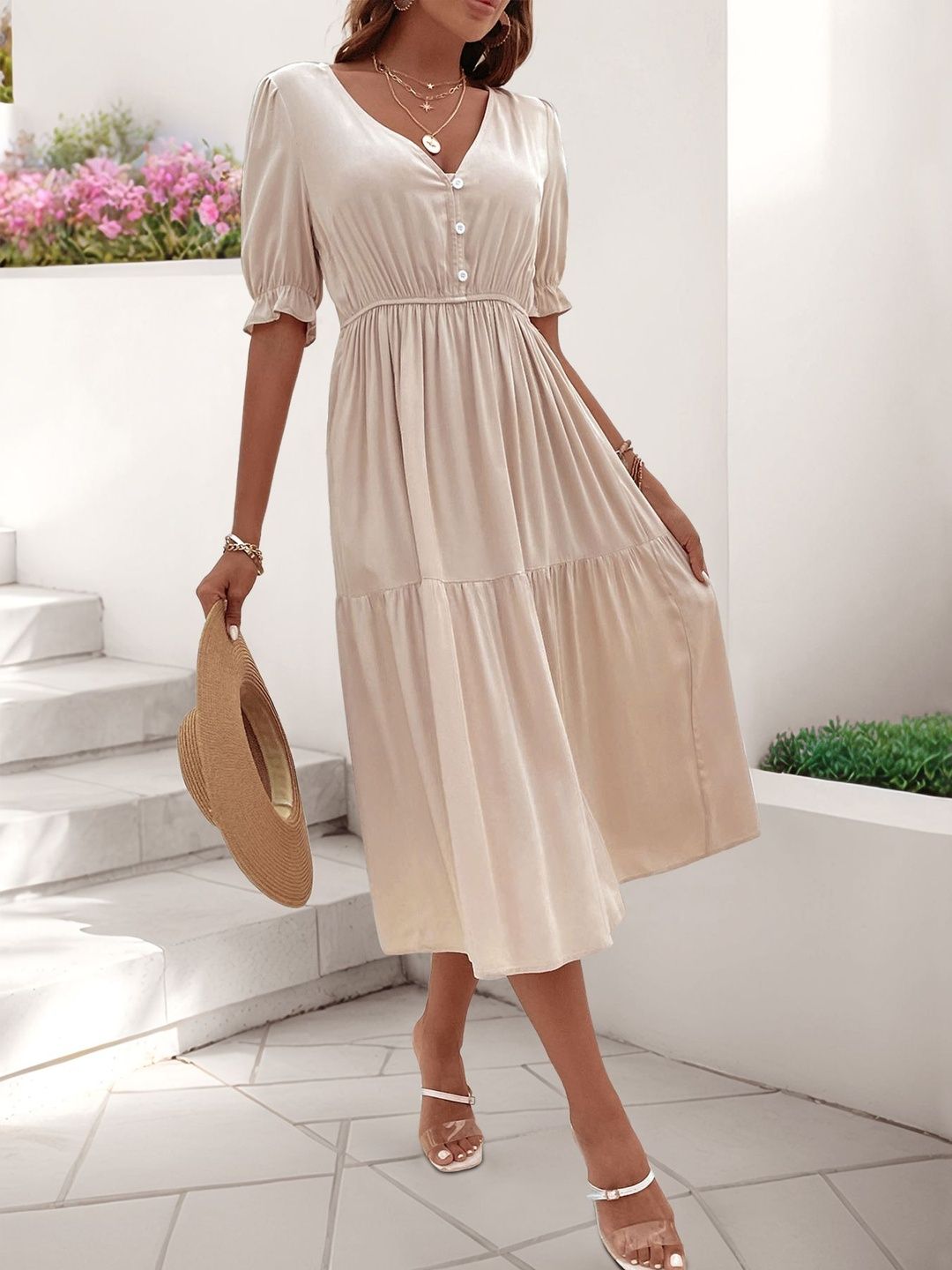 Puff Sleeve Fit & Flare Midi Dress