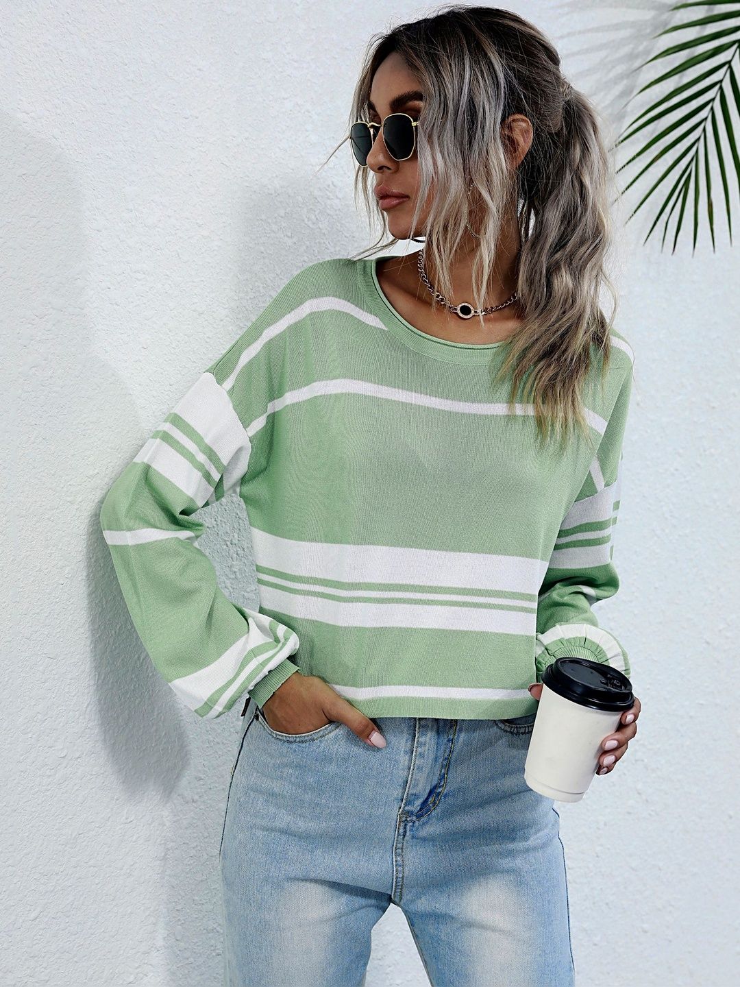 Striped Crop Pullover in Green - Nowi Korean Fashion