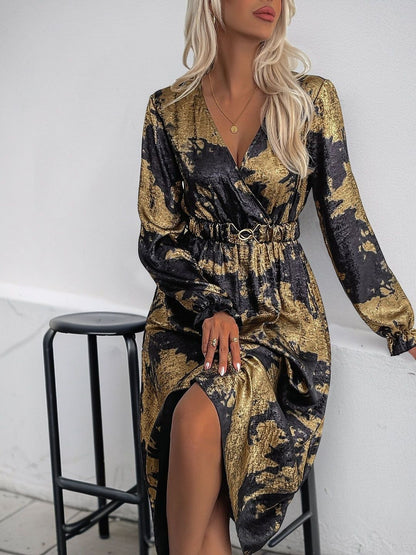 Women's Gold Print Midi Dress