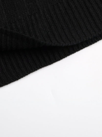 Women's Black Ribbed Woollen Pullover Printed Regular Fit