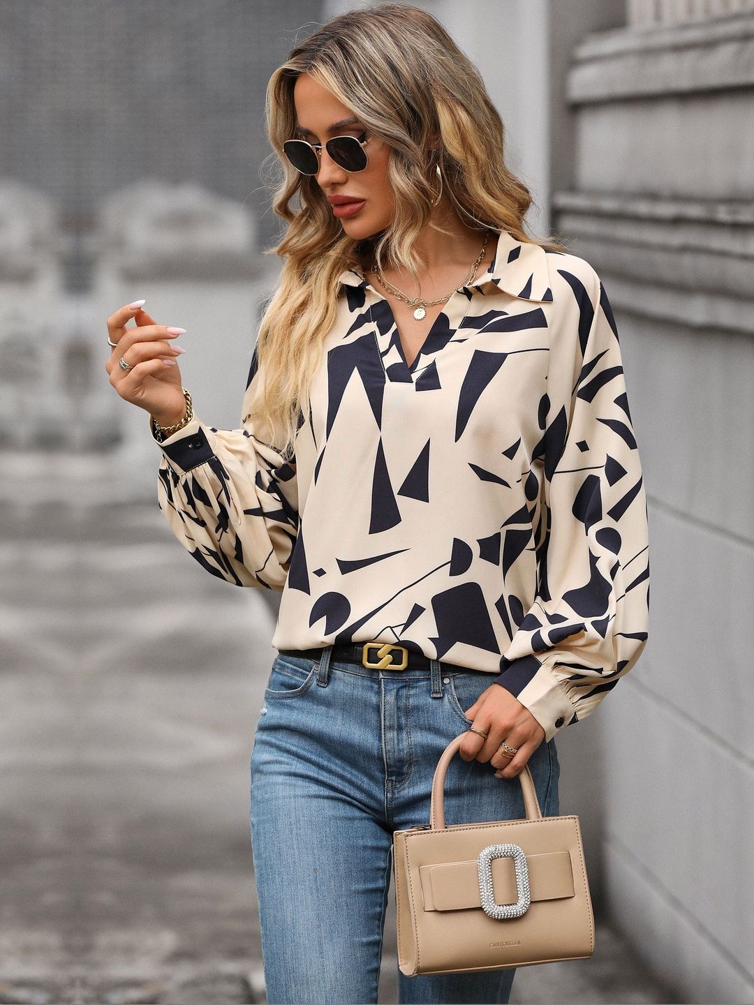 Women's Beige Print Bishop Sleeves Top