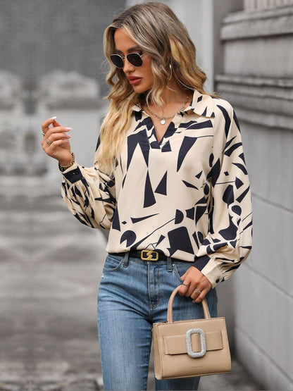 Women's Beige Print Bishop Sleeves Top