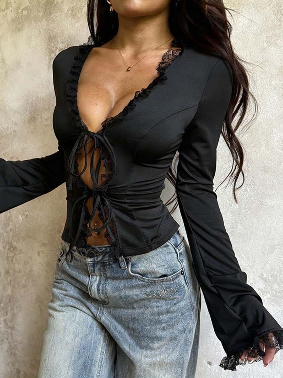 Women's Black Flared Sleeve Ruffles Cotton Top