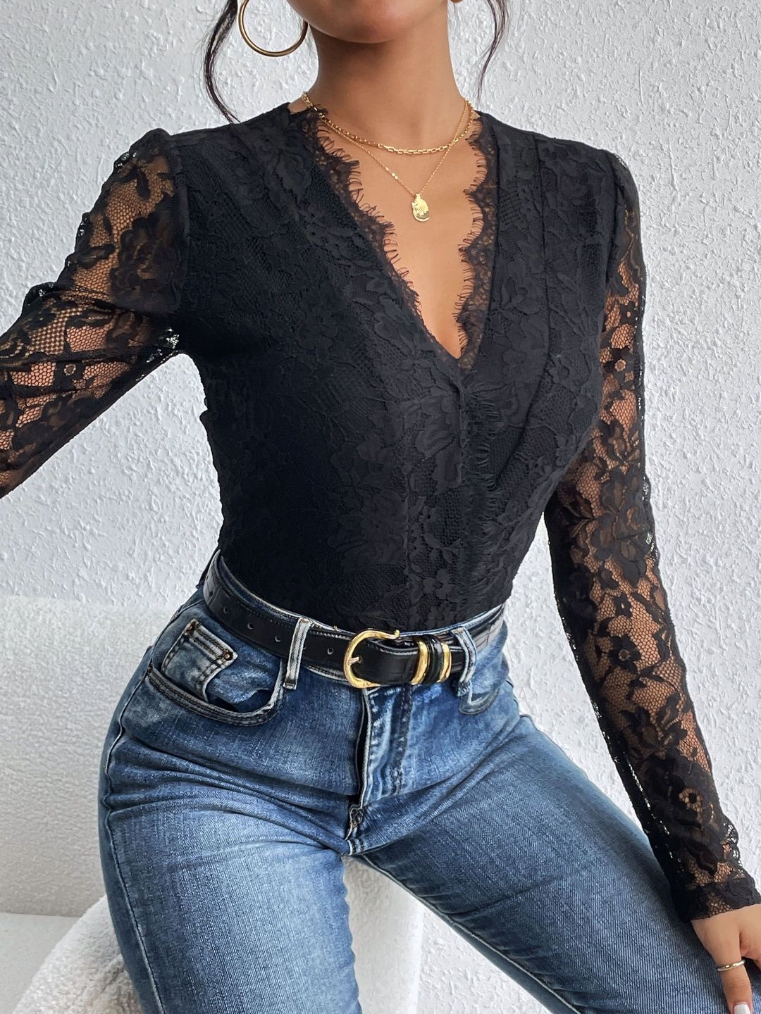 Women Black Lace detail Bodysuit