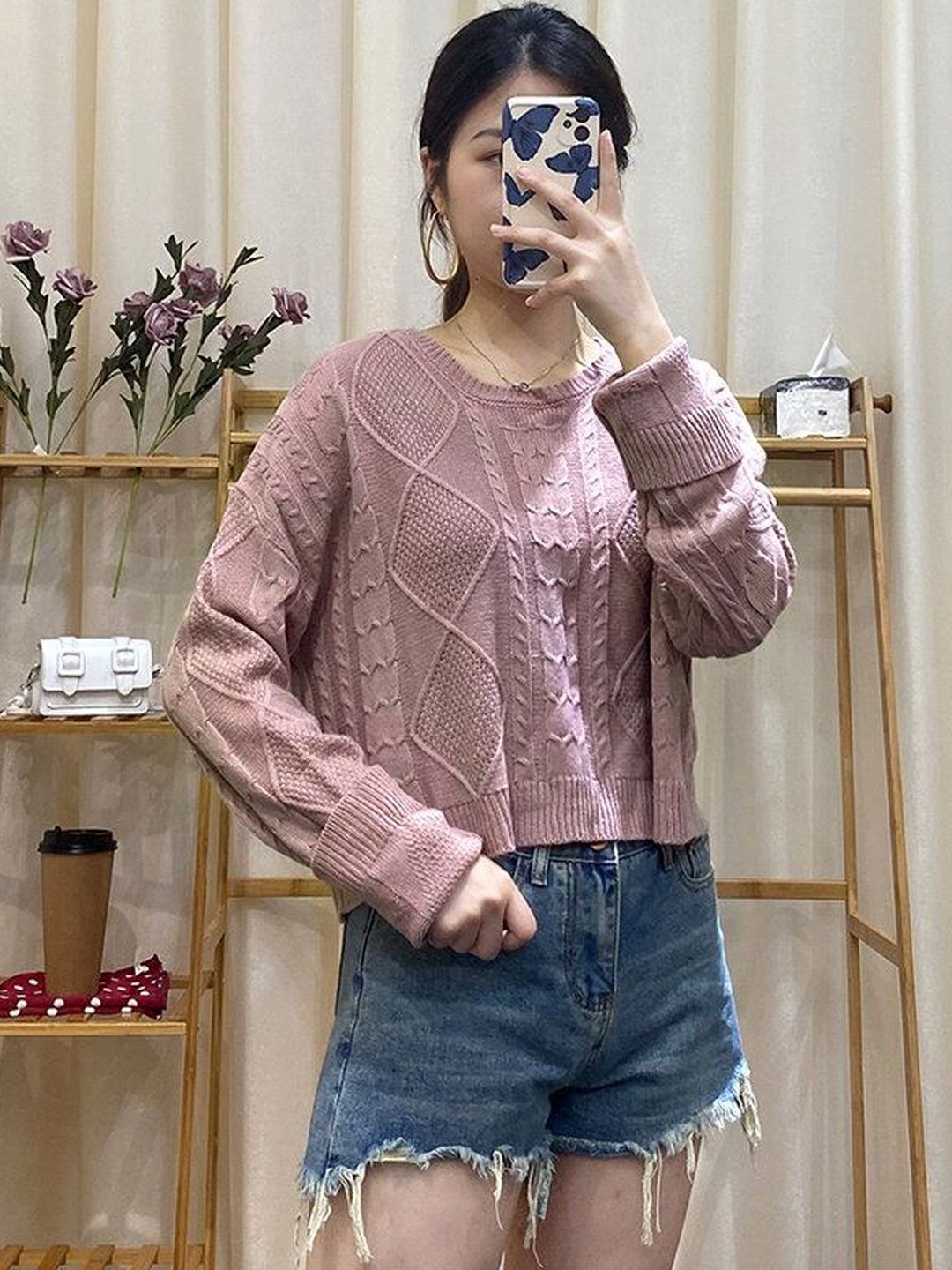 Women's Pink Cable Knit Crop Pullover