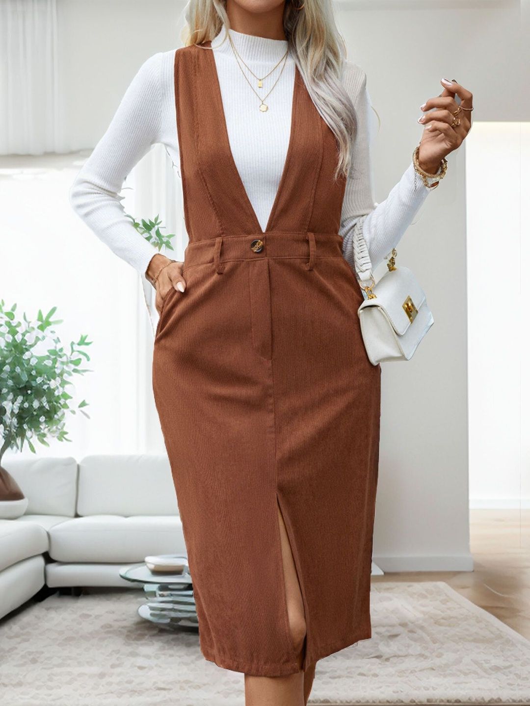 Women's Brown Pinafore Midi Dress