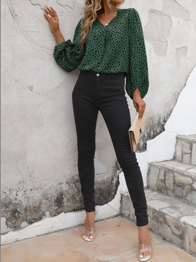 Animal Print Puff Sleeve Top in Green - Nowi Korean Fashion