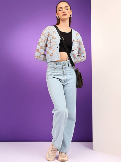 Women Printed Woollen Crop Cardigan