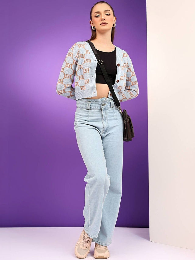 Women Printed Woollen Crop Cardigan