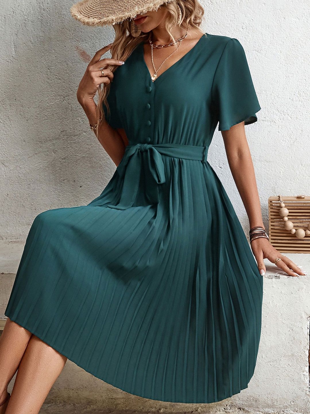 Flutter Sleeve Fit & Flare Midi Dress