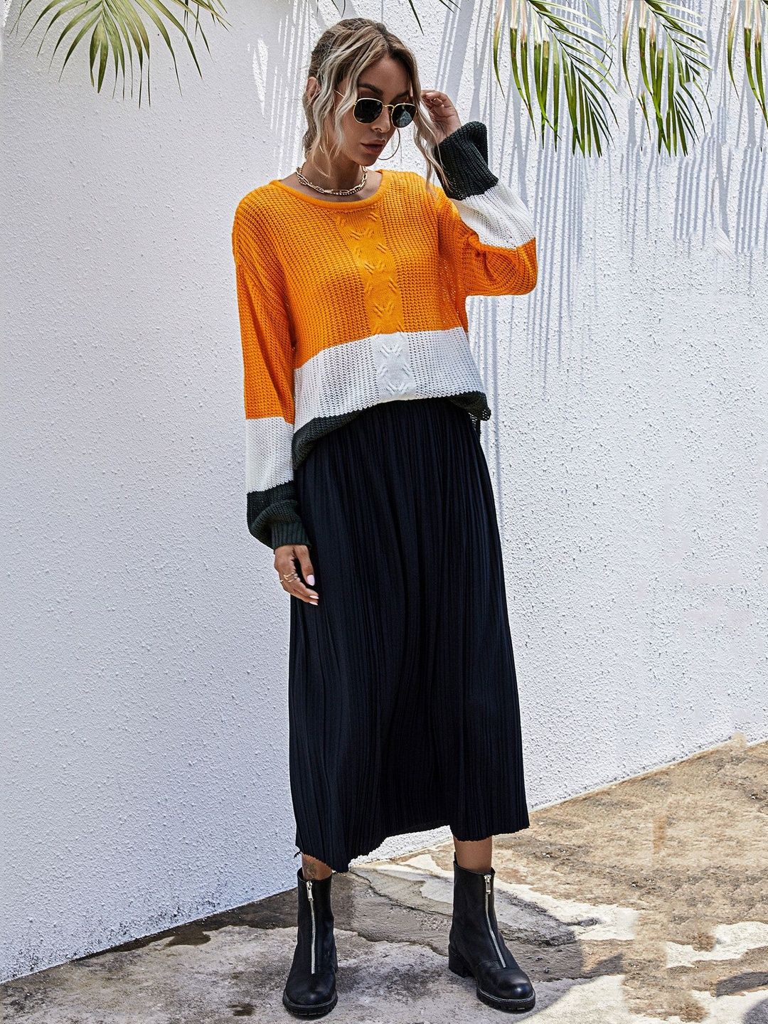 Women's Orange Colourblocked Pullover