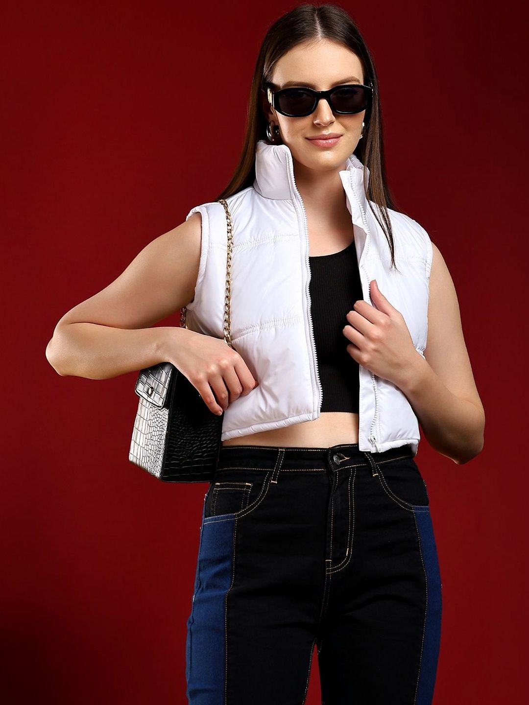 Women's White Lightweight Crop Puffer Jacket Blend Printed