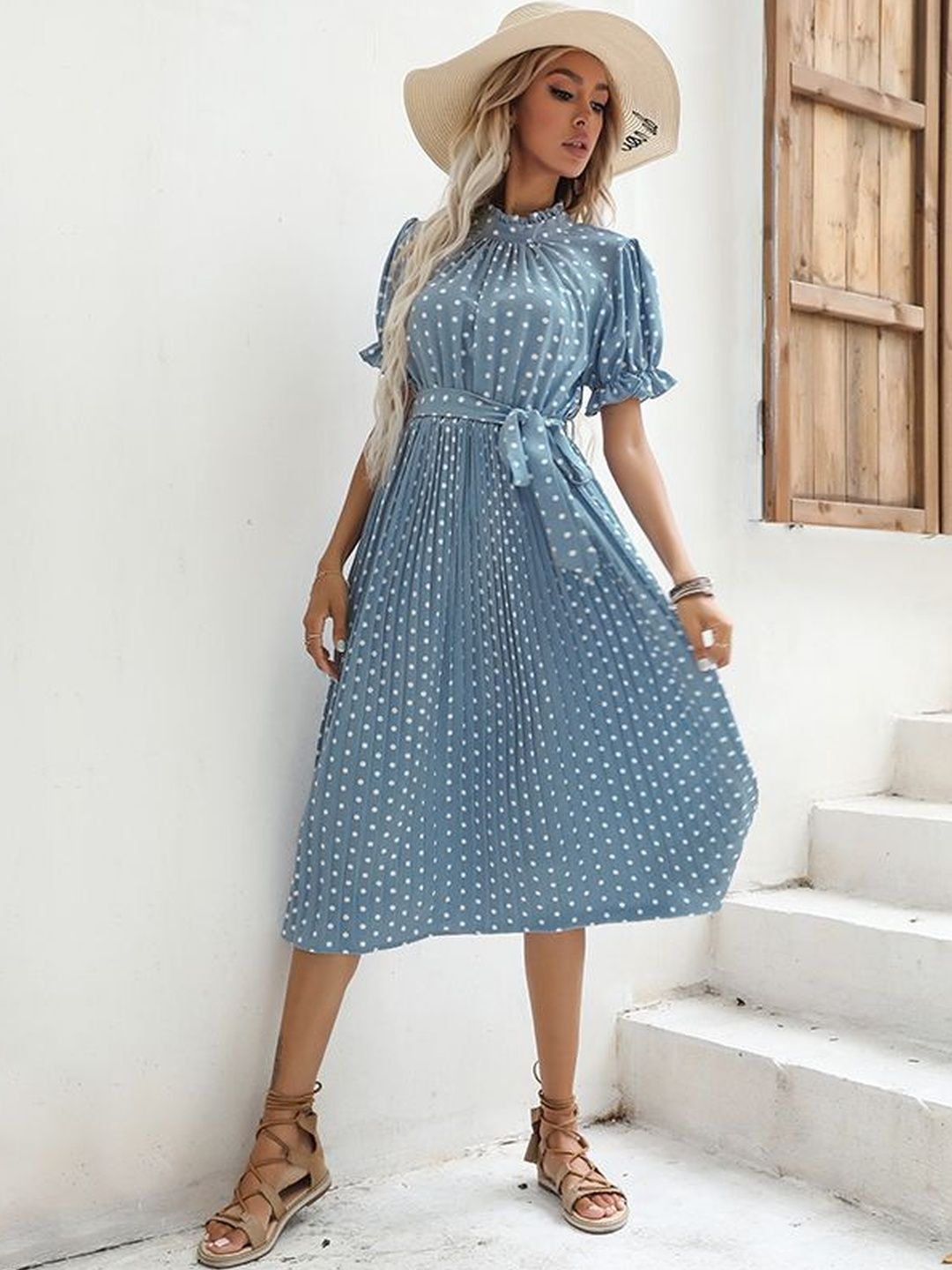Polka Dot Print Puff Sleeve Fit & Flare Midi Dress