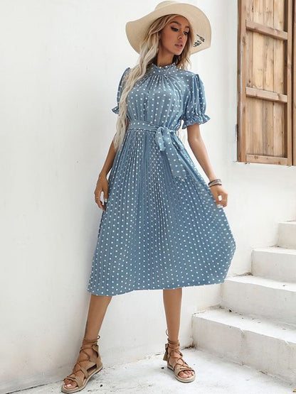 Polka Dot Print Puff Sleeve Fit & Flare Midi Dress