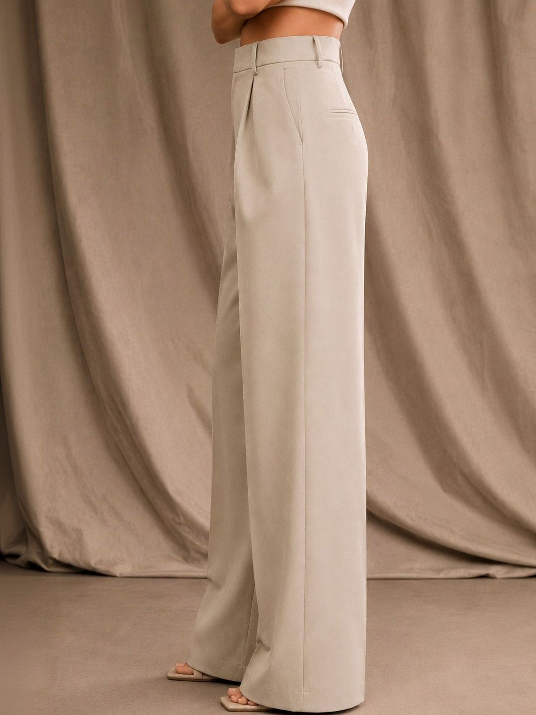 Women Tailored Straight Fit High-Rise Wrinkle Free Pleated Button Trousers