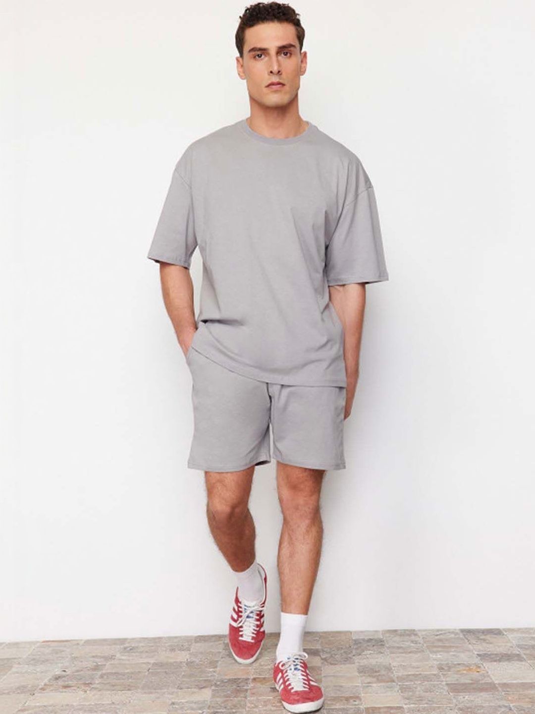 Solid T-shirt with Shorts in Grey - Nowi Korean Fashion