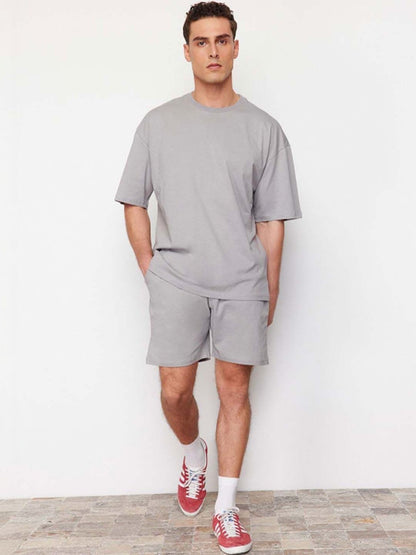 Solid T-shirt with Shorts in Grey - Nowi Korean Fashion