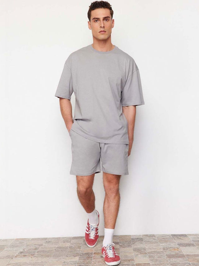 Solid T-shirt with Shorts in Grey - Nowi Korean Fashion