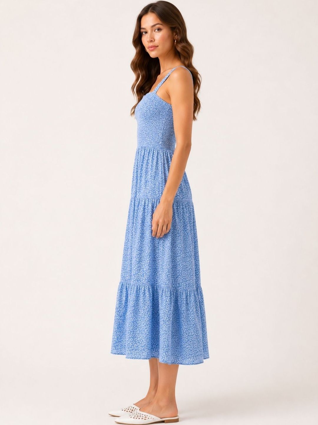 Floral Print Crepe A-Line Midi Dress