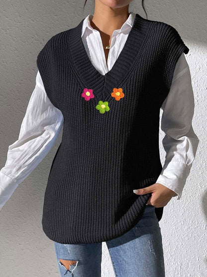 Women Ribbed Sweater Vest with Embroidered Detail