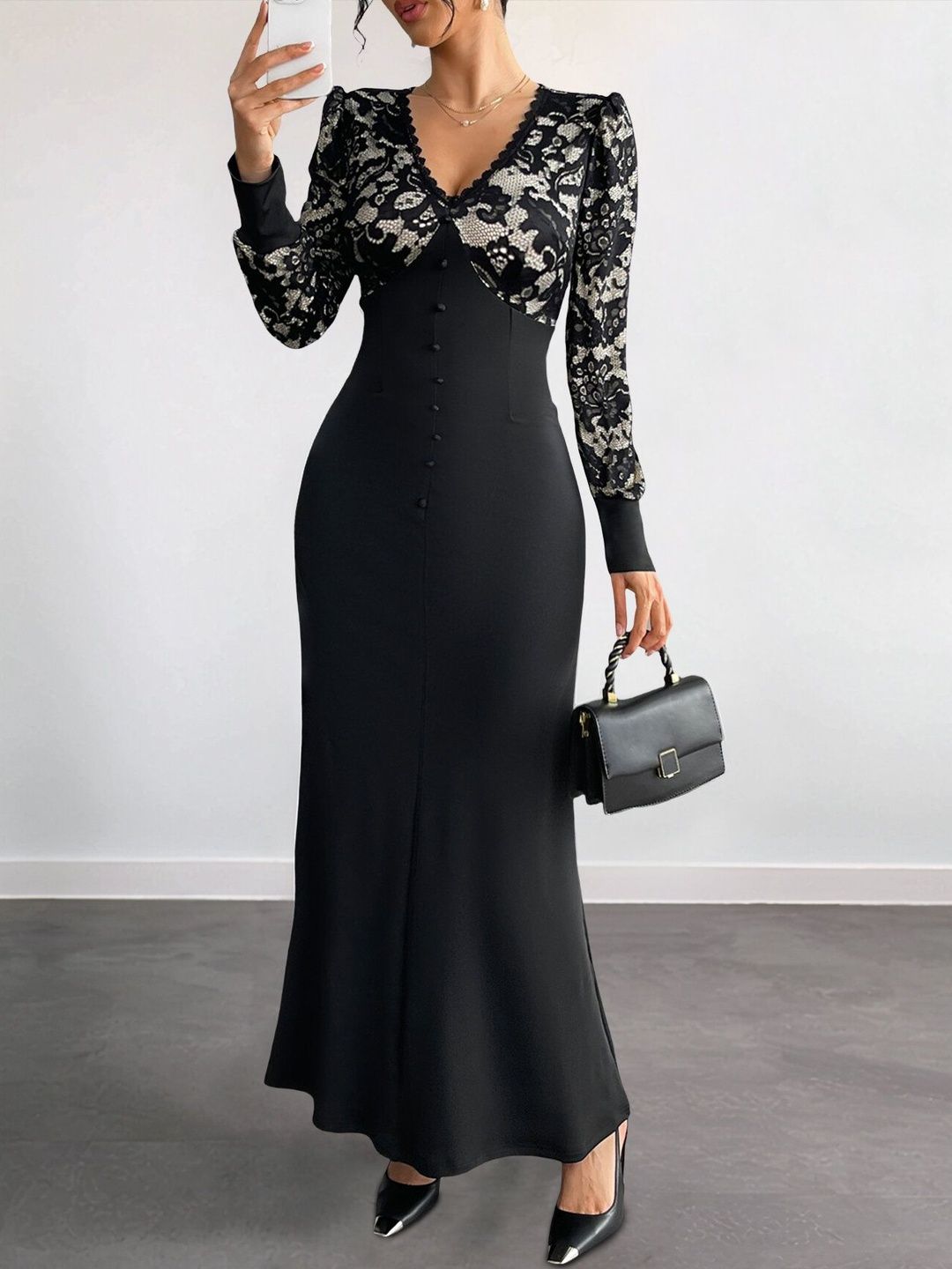 Women's Black Floral Embroidered Puff Sleeve Fit & Flare