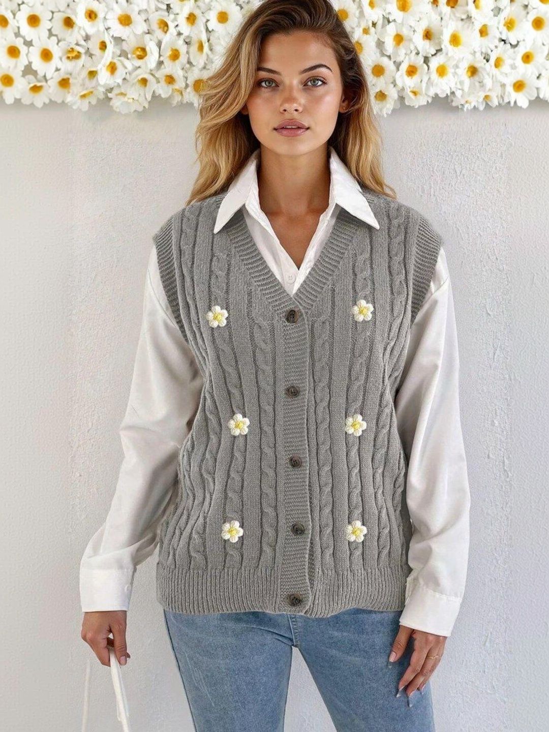 Cable Knit Sweater Vest with Embroidered Detail in Grey acrylic - Nowi Korean Fashion