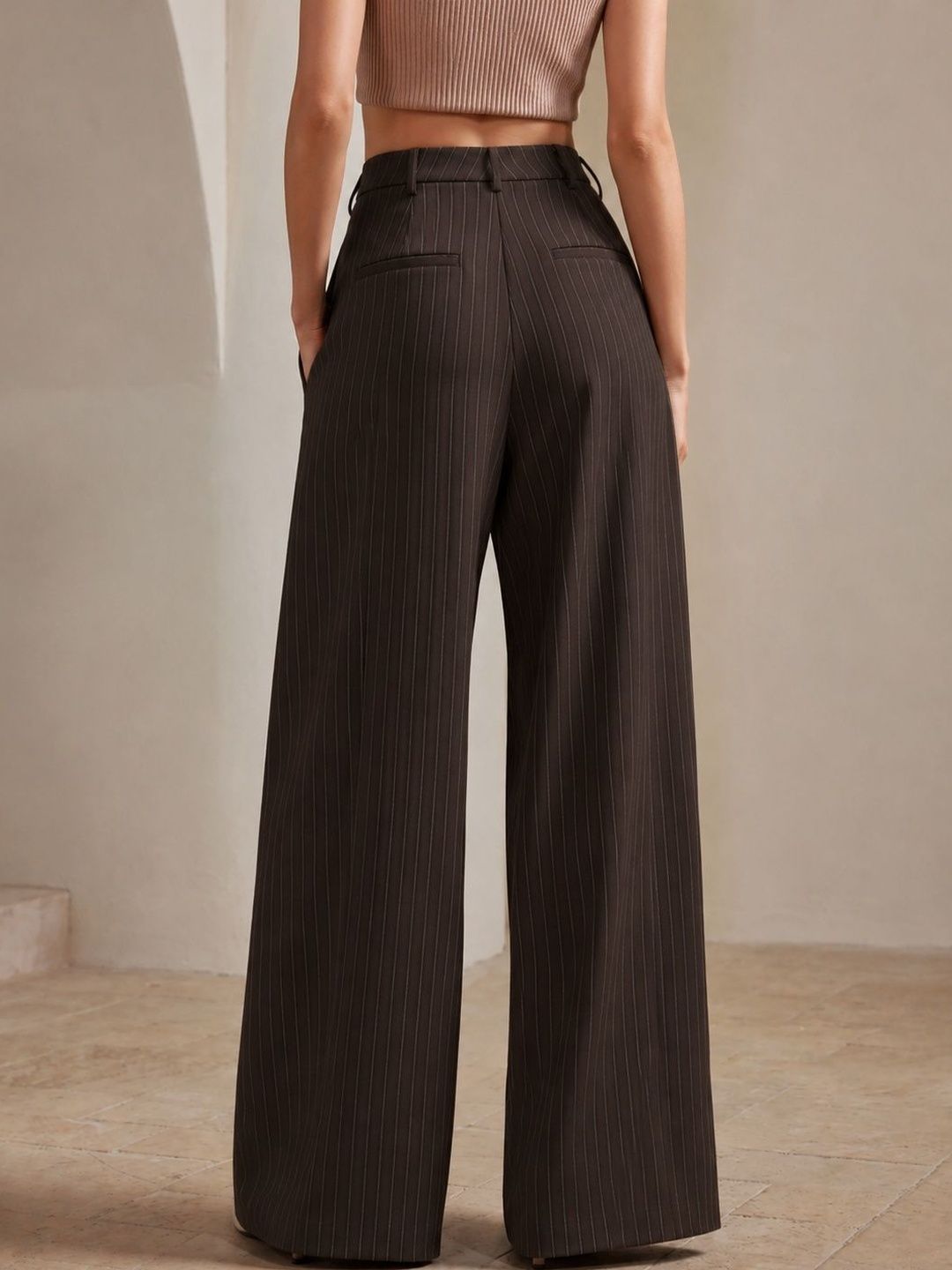 Women Striped Relaxed High-Rise Easy Wash Pleated Trousers