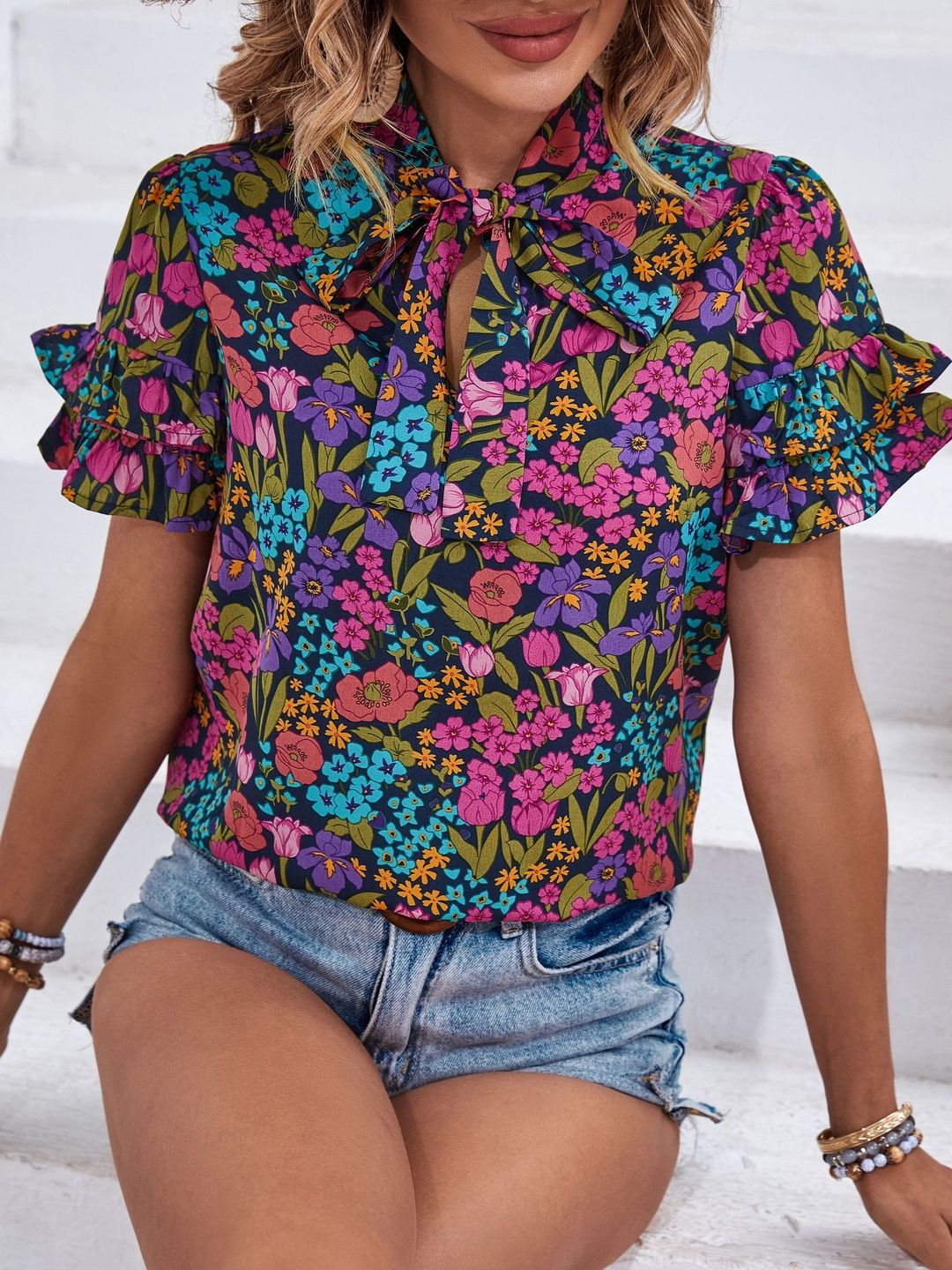 Floral Print Tie-Up Neck Flutter Sleeve Ruffles Cotton Top