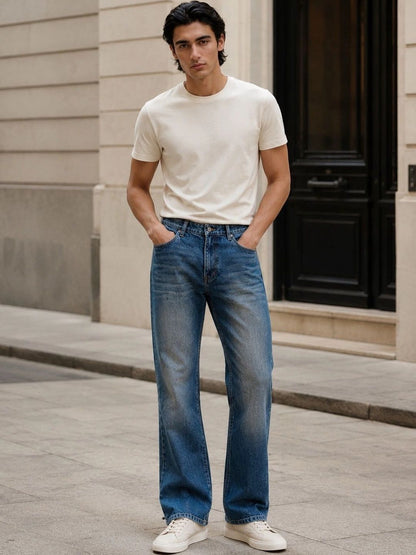 Men Bootcut Mid-Rise Low Distress Light Fade Jeans