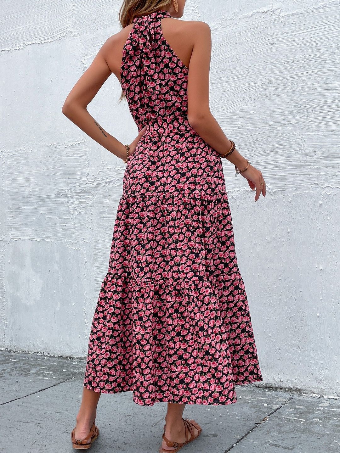 Floral Print Halter Neck A-Line Midi Dress