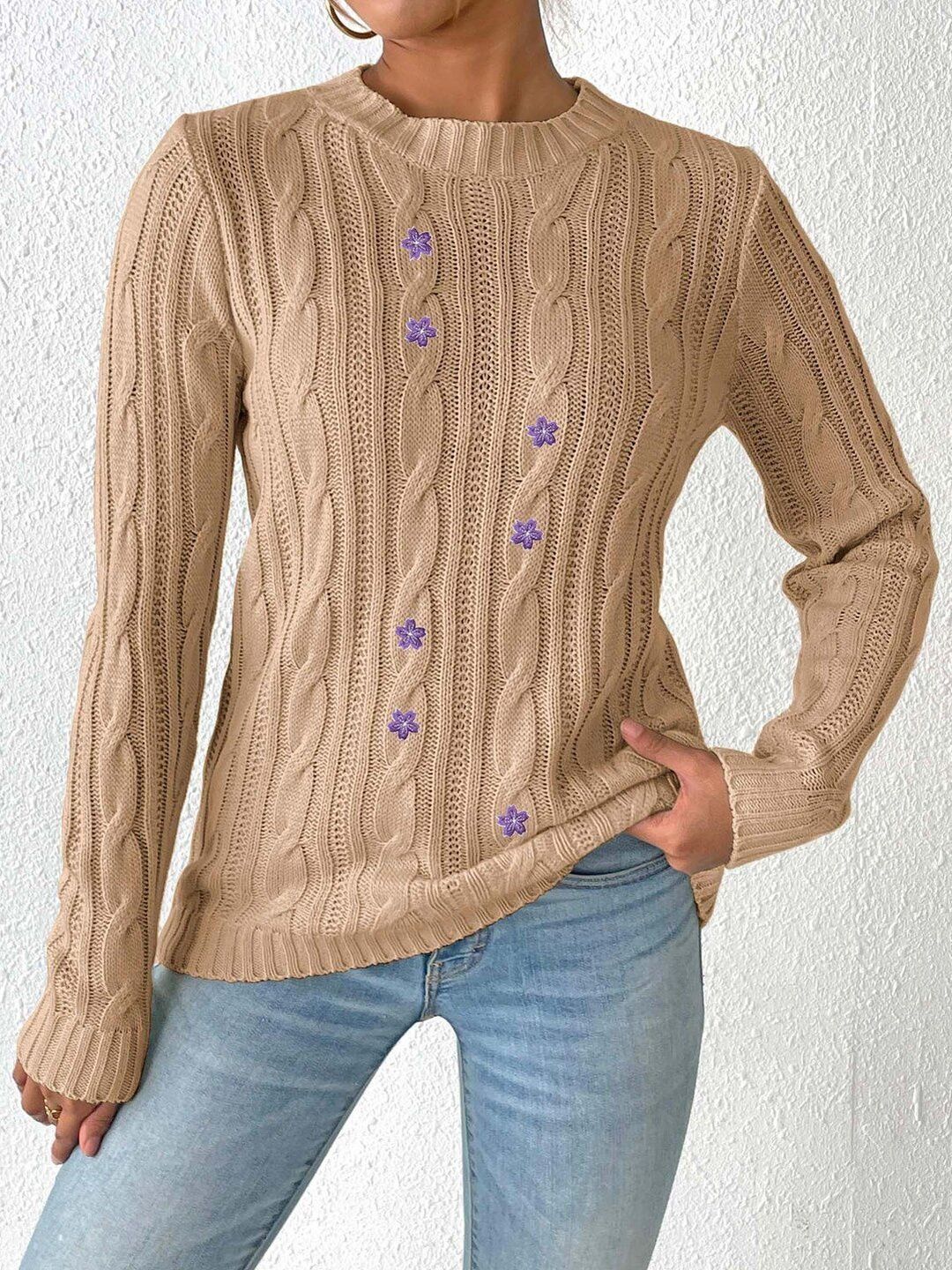 Women Cable Knit Pullover with Embroidered Detail