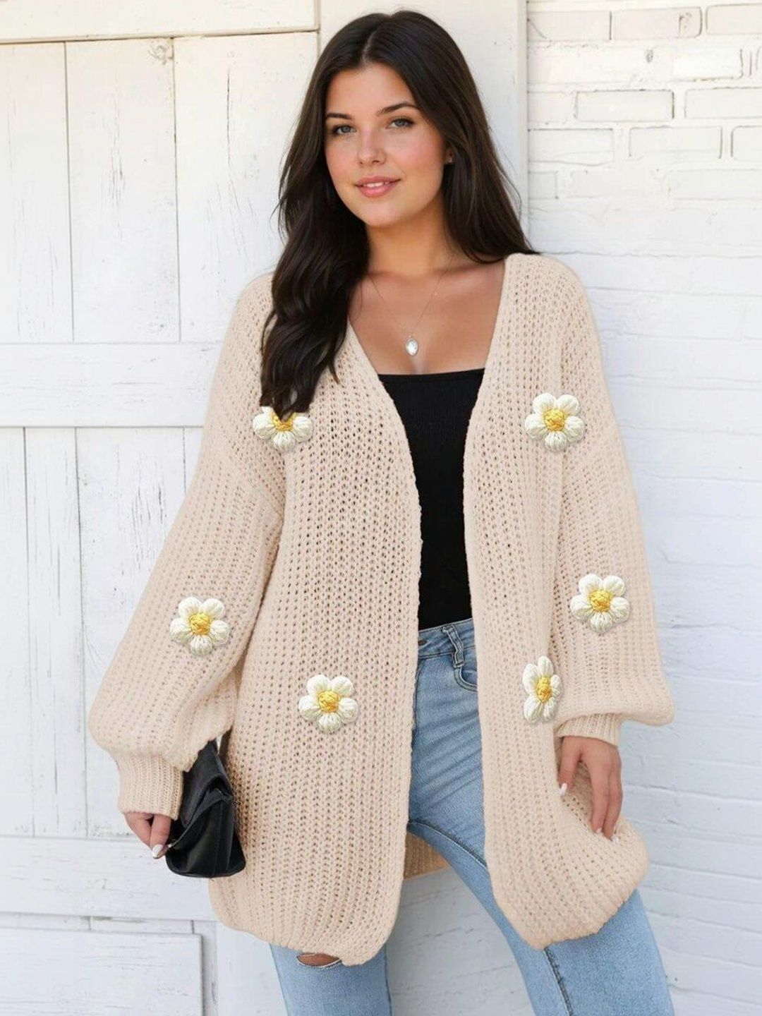 Ribbed with Applique Detail in Beige acrylic - Nowi Korean Fashion