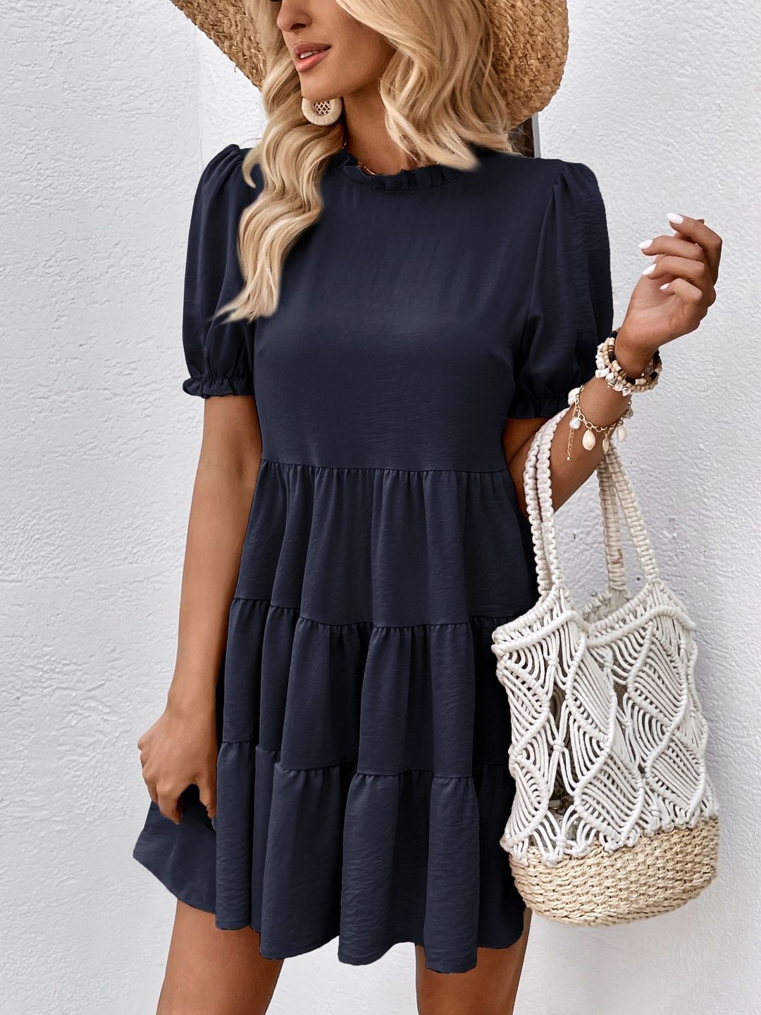 Puff Sleeve Ruffled Fit & Flare Dress
