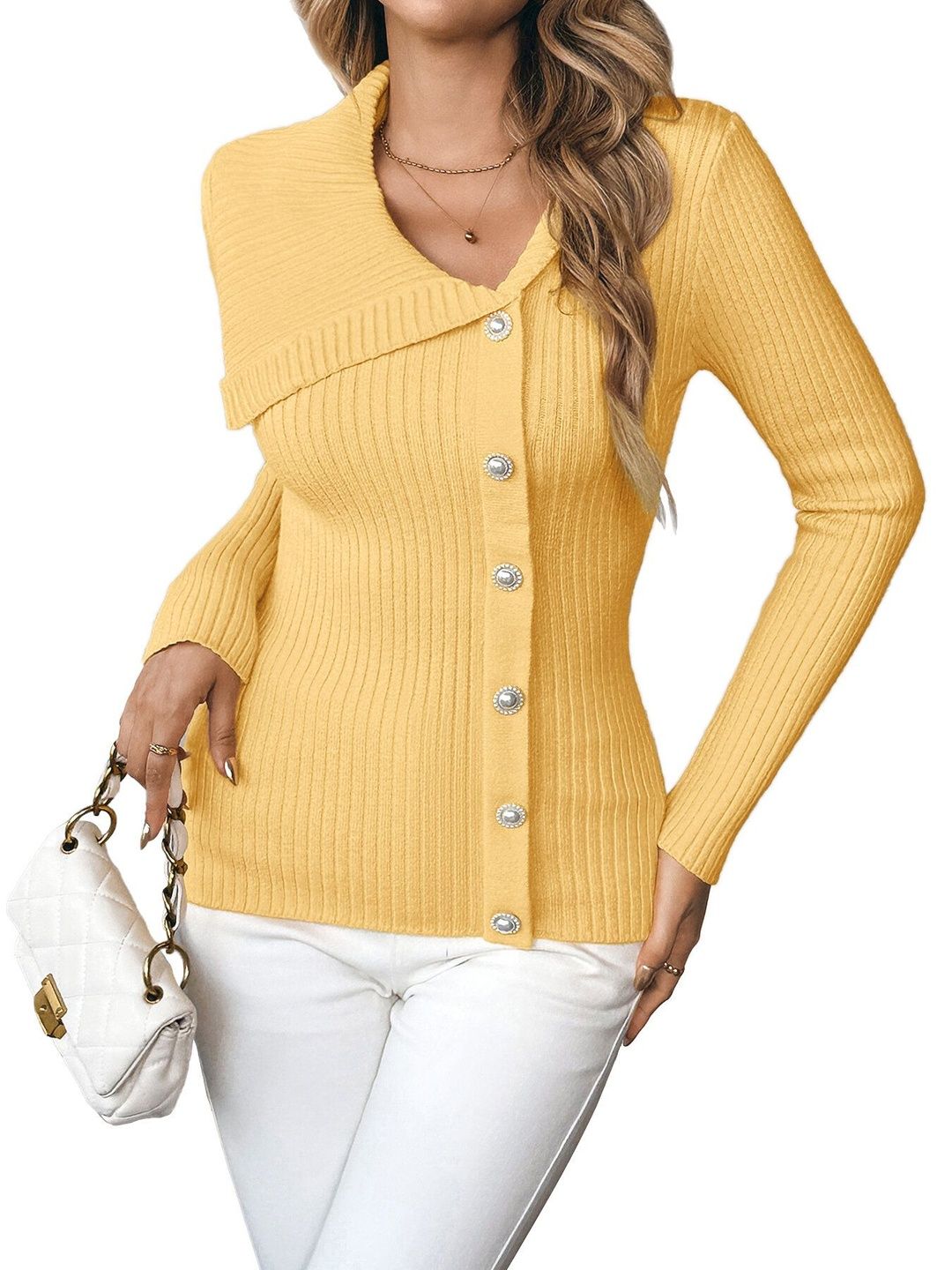 Ribbed Acrylic Cardigan Sweaters in Yellow - Nowi Korean Fashion